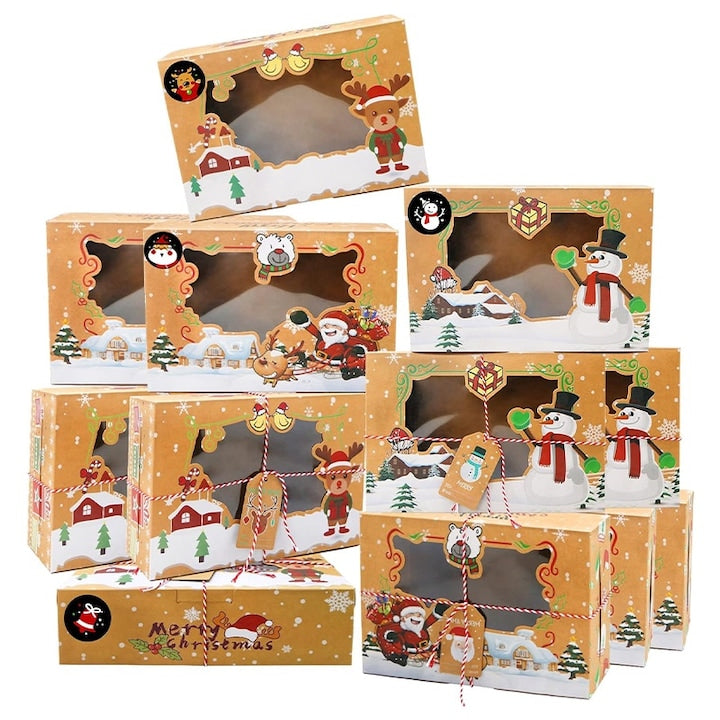Set 12 cutii de prajituri de Craciun cu fereastra  Rqiurpn  22x15x7 cm  design unic  Maro