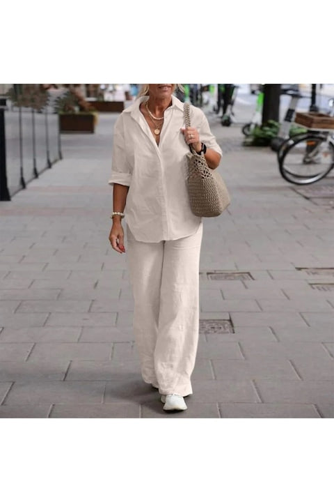 Toridas - Casual Loose Collar Wide Leg Trousers Set Ecru Ecru 12 interest-free installments