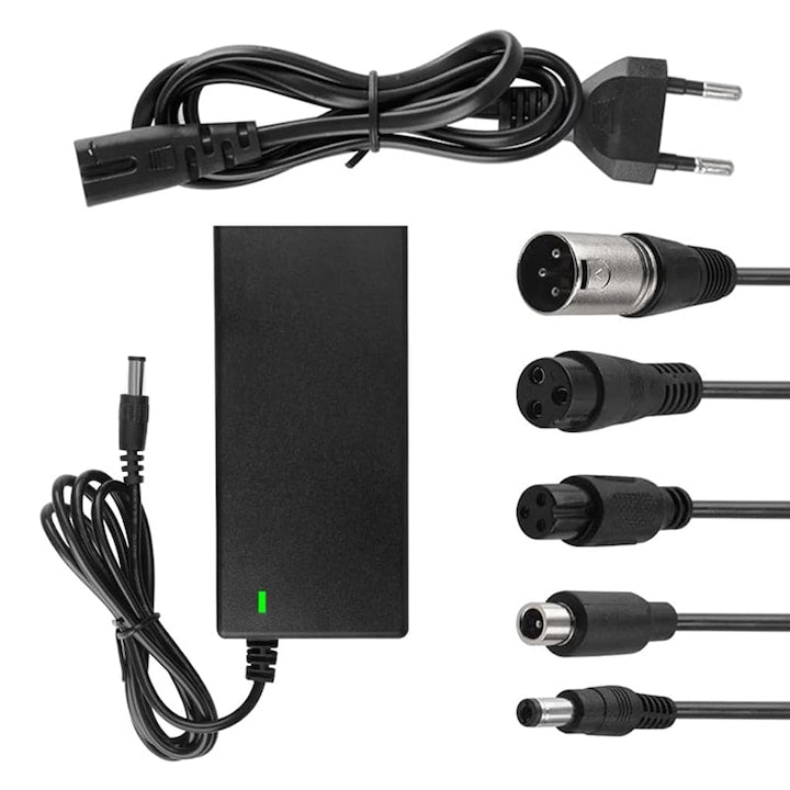 Li-ion Charger Rqiurpn 42V/2A with 5 Connector Heads for Electric Scooters, Bicycles, Hoverboards, Black