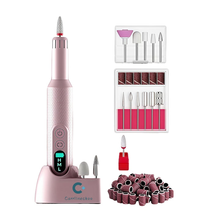 Professional Nail Drill carrlinechoo Wireless Electric Nail File for Manicure-Pedicure, Rechargeable, 18,000 RPM, 11 Drill Bits, 30 Sanding Bands, Ergonomic Design, Portable, Pink