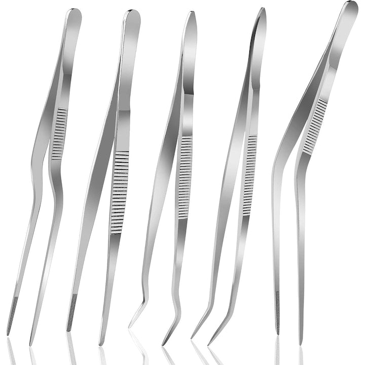 Set 5 Cleste Tip Penseta pentru Bucatarie  Anti-alunecare  Rezistenta la temperaturi ridicate  Pentru gatit design alimentar  decorare tort  Otel inoxidabil  16cm  Argintiu