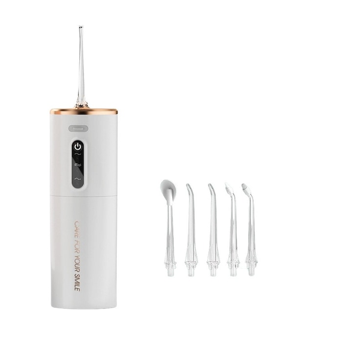 Professional Portable Oral Irrigator, 3 Programs, Overheat Protection, White, 280 ml Tank, 5 Nozzles Set