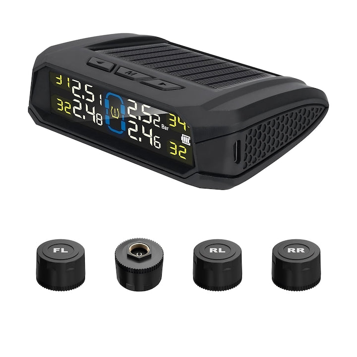 External tire pressure monitoring system, LCD display, wireless connection, solar and micro USB charging, with external sensors, real-time pressure monitoring, audible alarm, in-car temperature monitoring, black