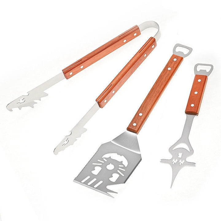 Set 3 Ustensile Gratar Otel Inoxidabil  Omelivon  Manere din Lemn  Otel Inoxidabils  Textura lemnului  spatula  furca  cleste  cu Geanta de Transport  Accesorii Pentru un Rratars Reusit  Argintiu