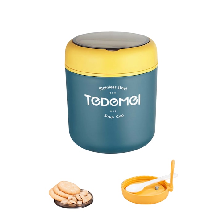 Thermal lunch box Fantasy includes spoon, 530ml, microwave, mini lunch thermos, tight seal, portable handle, 304 Stainless Steel + PP material, portable, for taking lunch to school, office, picnic or camping, blue
