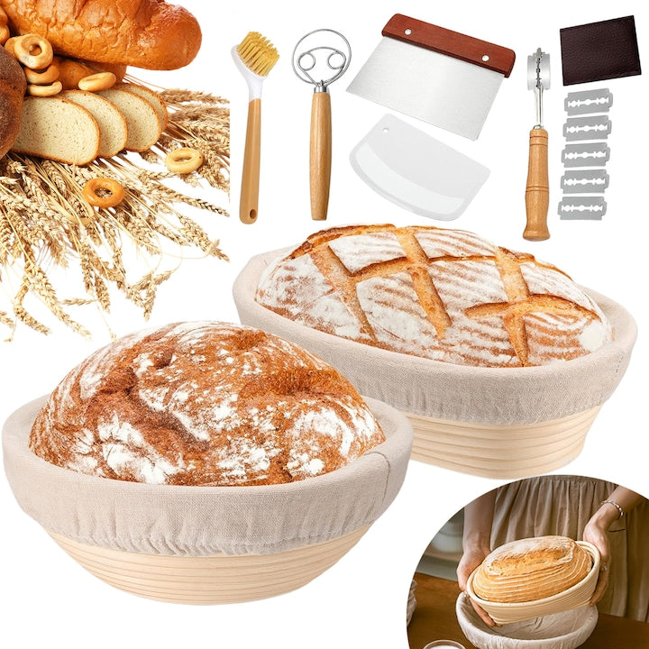 Set Cosuri de Fermentare pentru Paine  Swejah  Ratan Natural 9" Rotund 10" Oval  cu Ustensile-Lama pentru Paine  Tel  Racleta pentru Aluat  Pensula pentru Uns  etc