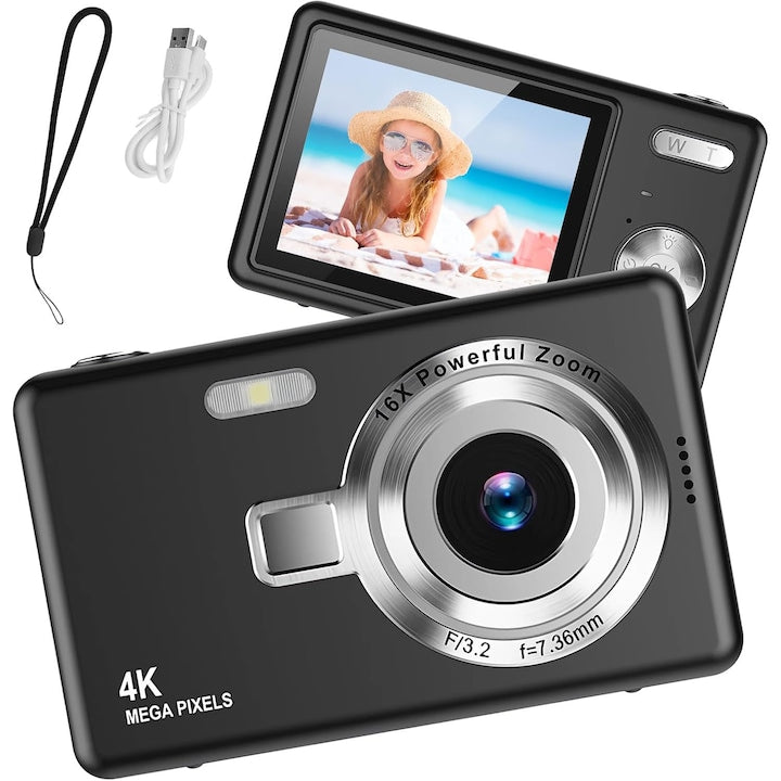 1080P FHD Digital Camera 44MP with 2.4" LCD Screen 16X Digital Zoom, Portable Compact Vlogging Camera - Black