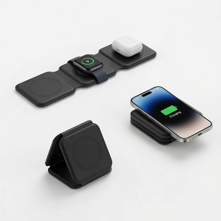 Incarcator wireless 3 in 1  pentru telefon  ceas si casti – Fast Charging 15W  incarcare simultana. Compatibil cu iPhone  Apple Watch  AirPods. Pozitii multiple  pliabil  design minimalist  USB-C  functii de protectie  MagSafe