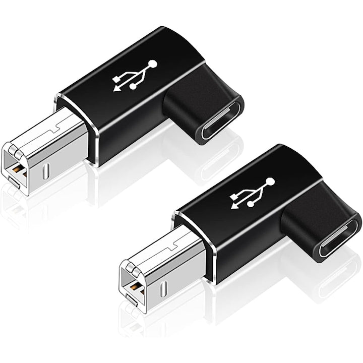 Set of 2 USB-C to USB-B MIDI Metal Adapters, 90-Degree Bend, for Printers, Controllers, and Musical Instruments, Black