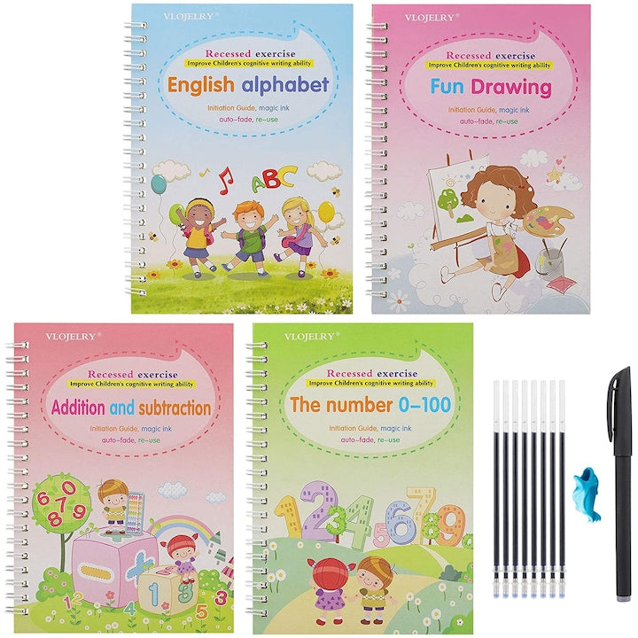 Set rechizite scolare cu 4 caiete de lucru tip Sank Magic  alfabetul englez  numere  matematica  pictura si desen  multicolor  19 cm X 13 cm. + 8 rezerve