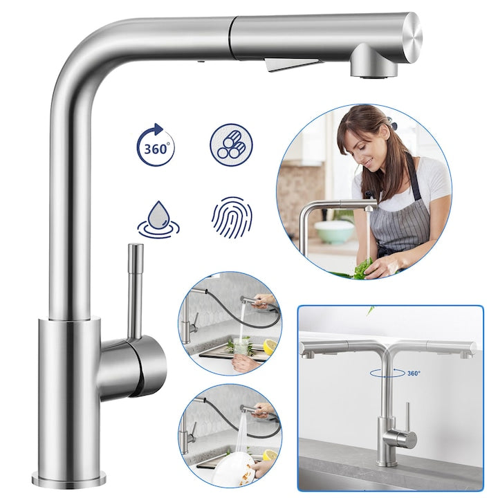 Baterie Bucatarie Cu 2 Moduri De Pulverizare  Baterie Bucatarie Cu Pulverizator Extractibil Rotativ La 360°  Rece Si Cald  Baterie Chiuveta Din Otel Inoxidabil Periat  Baterie Monocomanda Pivotanta