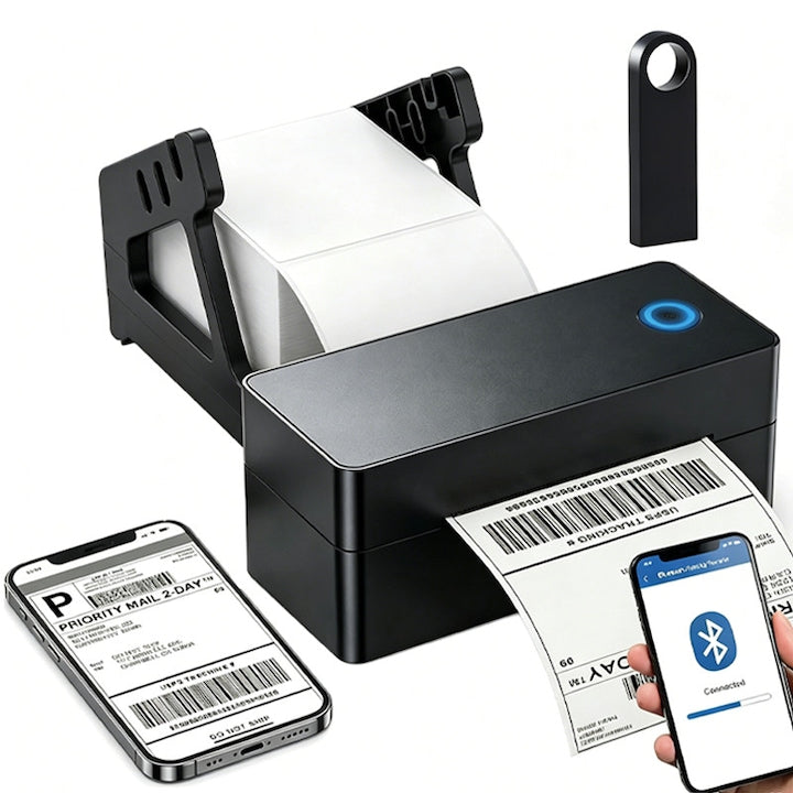 Imprimanta Termica pentru Etichete si AWB-uri 100x150 mm  Omelivon  Portabila  203 DPI  Viteza Printare 16 cm/s  Fara Cerneala/Toner  Conectare Bluetooth si USB  Compatibila iOS / Android / Windows / MacOS  USB Flash Drive Inclus si Suport  Negru