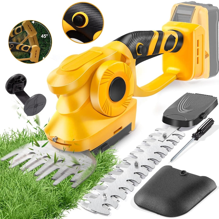 Cordless 2-in-1 Hedge Trimmer and Grass Shear, Portable Electric Grass Clippers, Hedge Trimmer with 2 Interchangeable Blades, for Trimming and Edge Cutting