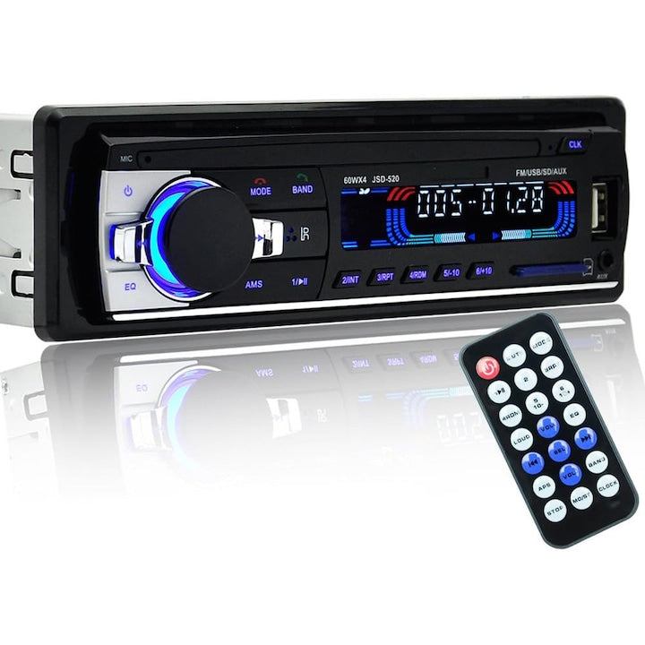 Radio MP3 player auto  intrare audio AUX  suporta card SD/disc U  afisaj LED  poate fi conectat la Bluetooth  radio FM  Cu telecomanda  negru