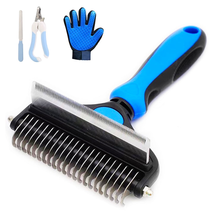 Perie trimmer 2 in 1 pentru Animale de companie  Anti-naparlire  Descalcire blana  pentru tuns par scurt  Vine cu manusi pentru indepartarea parului  tuns pentru unghii  Albastru