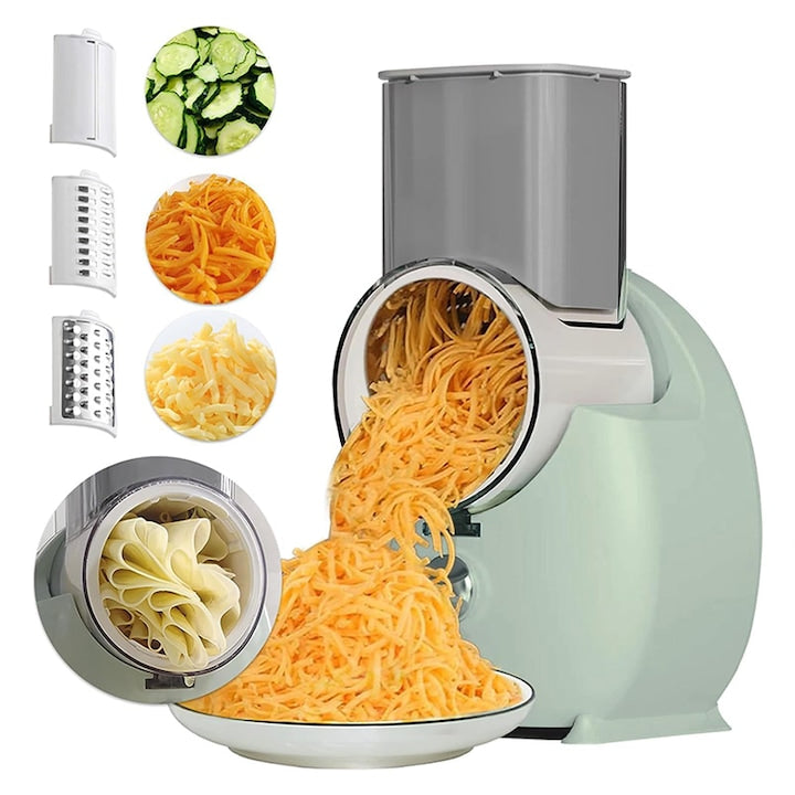 Rqiurpn Electric Grater, 50W, 3 Different Blades, Electric Vegetable Slicer, Easy to Clean, Easy to Use, Compact, Multifunctional, Green