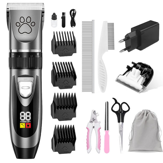 Masina de Tuns Animale de Companie Sequoia  aparat de tuns profesional pentru caini si pisici  Lama ceramica ajustabila  Ecran Digital  Indicator Luminoasa  USB 1200 mAh  Adaptor priza 6200 RPM 120 min  Silentioasa  Set de 17 Piese  grooming caini