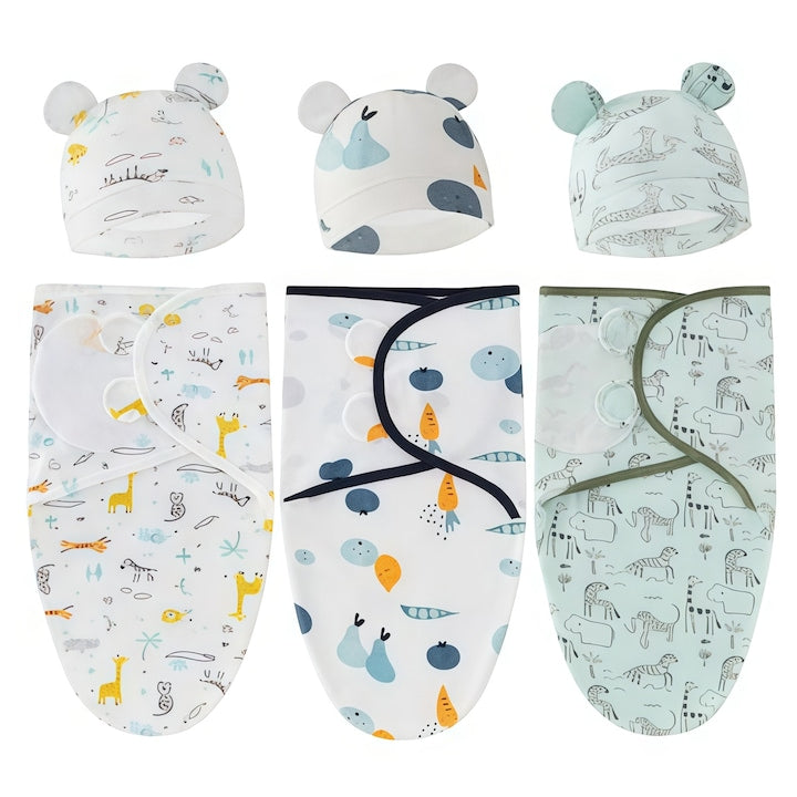 Set of 3 baby swaddles, baby sleeping bag, with hat, Velcro fastening, Soft and comfortable, For swaddling babies, Made of cotton, For children 0-3 months, light green/white
