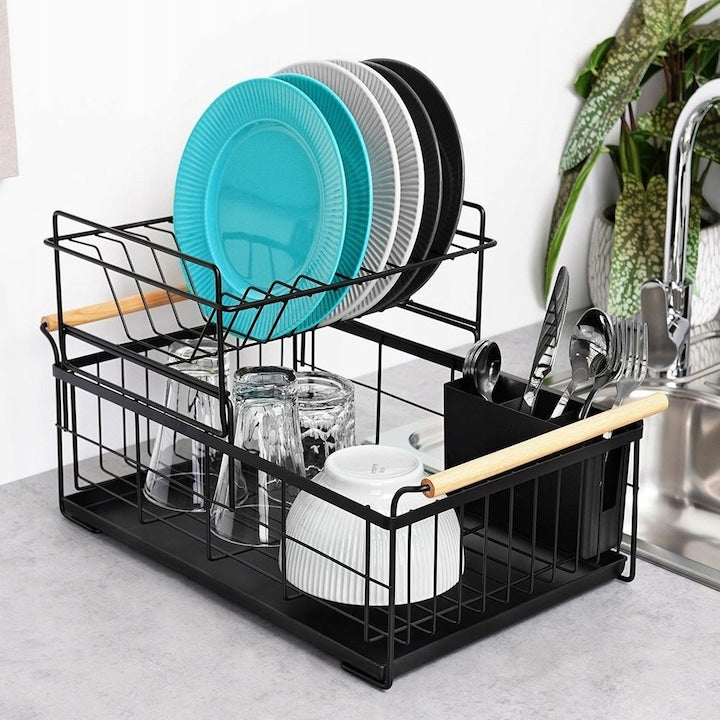 Suport Pentru Vase  Vilde  48x29x28.5 cm  Constructie Pe Doua Niveluri  Fabricat Din Otel Inoxidabil  Tava De Scurgere Detasabila  Manere Din Lemn De Bambus  Materiale De Inalta Calitate  Negru