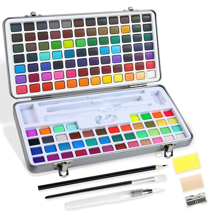 Set de picturi de acuarela de de culori intr-o cutie metalica cu pensule 128 elemente  Rqiurpn  Transparenta ridicata si usor de dizolvat  Lavabile  Non-toxice  Pentru copii  adulti sau artisti  Multicolor