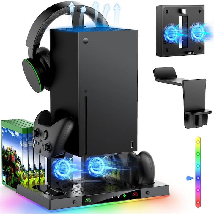 Stand Si statie De Racire Pentru Xbox Series X  Rqiurpn  Cu statie incarcare controlle dublu  Ventilator de racire pe partea superioara  15 Culori RGB  Suport pentru casti si spatiu pentru depozitarea jocurilor  Negru