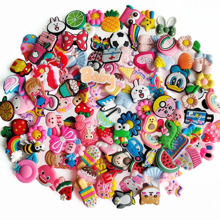 Set of 100 Shoe Decoration Charms for Crocs, Assorted Colors, for Kids and Adults