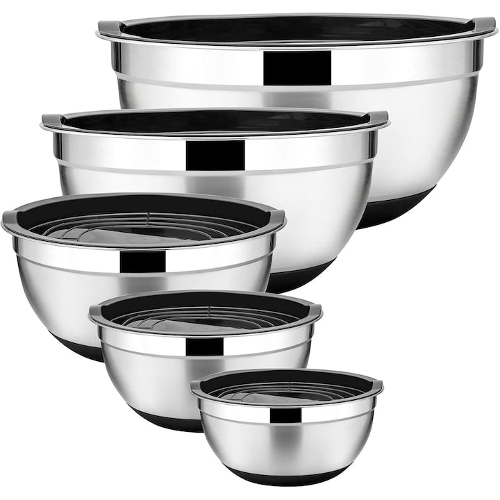 Set 5 boluri din otel inoxidabil Wacorresi  5 dimensiuni  baza din silicon  capac etans  colorat  4.5/3/2.5/1.5/1.2QT