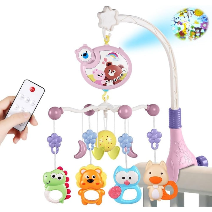 Carusel Muzical Patut Bebelusi  Piduules  cu Proiectie  Control prin Telecomanda  Cronometru  Rotire 360°  Jucarii Detasabile  Sunete Linistitoare  Cantece  Volum Ajustabil  Roz