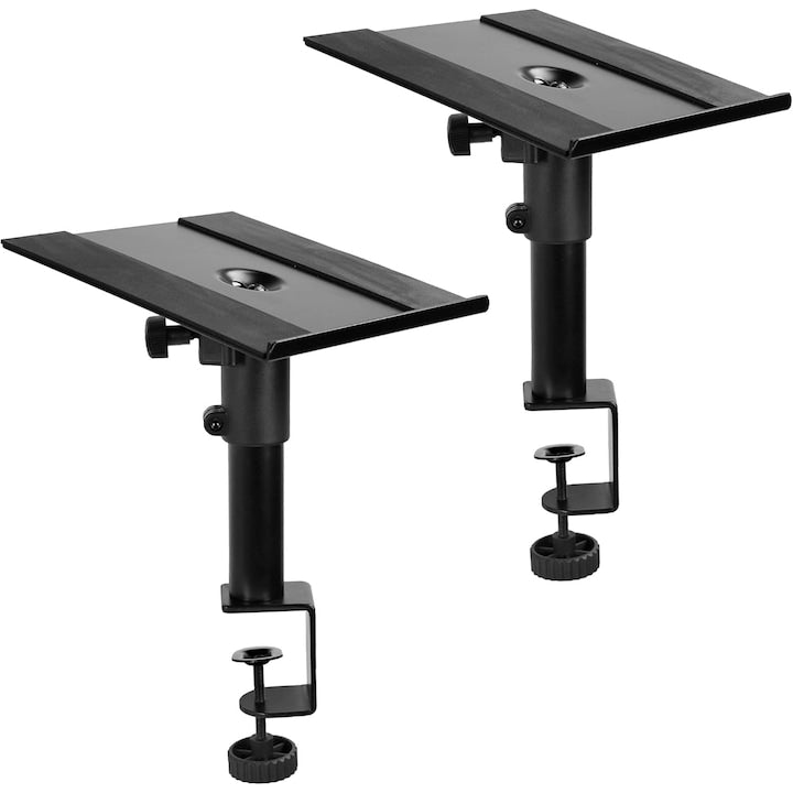 Set suport pentru boxe  WALALLA  Pachet de 2  Suport de birou cu clema  Inaltime reglabila 29-38 cm  3 inclinari  Antiderapant  Suport universal pentru boxe de computer si raft  negru