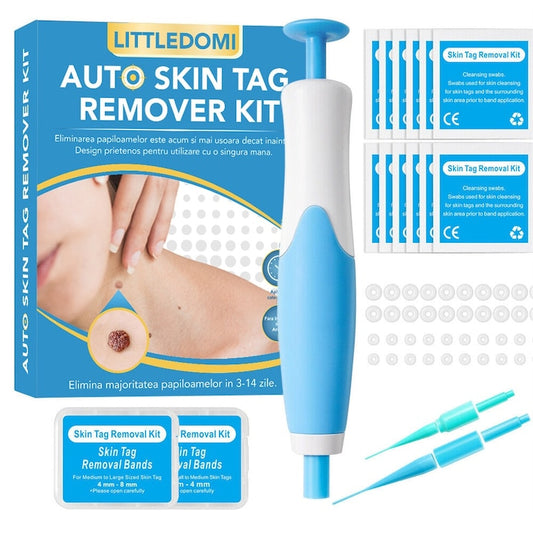 Dispozitiv Indepartare Papiloame prin Ligaturare  LittleDomi  Skin Tag Removal Kit  pentru Fata  Gat  Corp  Dimensiuni 2-8mm  10x Servetele Alcool  40x Benzi cauciuc  2x Capete intersimbabile  Alb/Albastru