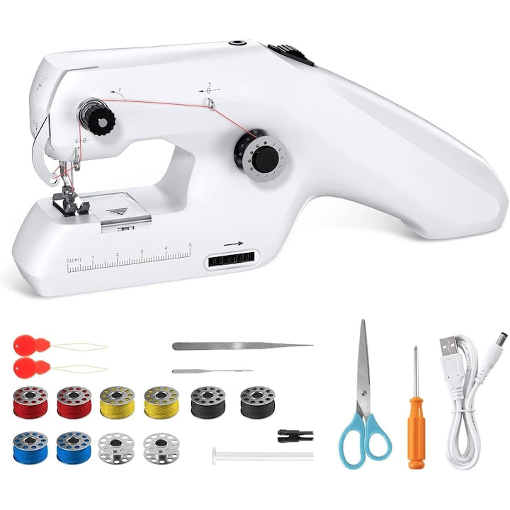 Set masina de cusut portabila  WALALLA  masina de cusut electrica cu fir dublu  usor de utilizat  maner ergonomic  ABS  accesorii incluse  potrivita pentru uz casnic si in calatorii  alb