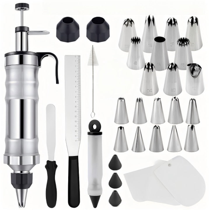 Ustensile ornare prajituri Set complet de seringi din otel inoxidabil pentru decorarea torturilor  34 de piese  inclusiv duze de decorare  razuitoare si perii de curatare  un set de ustensile de patiserie pentru briose si prajituri