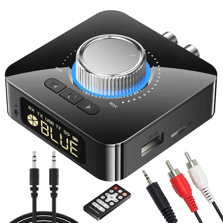 Adaptor Bluetooth 5 in 1  cu telecomanda  400mAh  microSD  intrare stereo AUX de 3 5 mm  OUYLAF  Negru