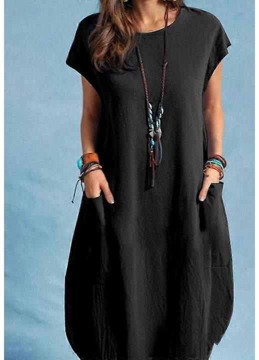 OEM - Women's dress, black, 100% cotton, short sleeve, side pockets, 2XL INTL, 12 installments with 0% interest