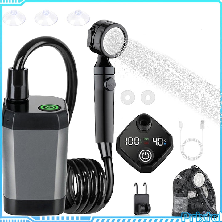 Dus Portabil Camping  Acumulator 7800mAh  Debit 10L/min  120min  IPX7  3 Moduri Jet  Filtru ACF. Afisaj Digital Dual: Baterie si Temperatura (LED 3 Culori Anti-Oparire). Ideal: Dus Int/Ext  Animale  Auto  Gradina  Camping