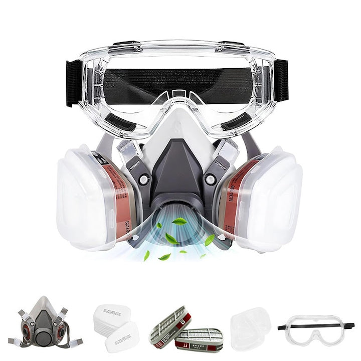 Set ochelari si masca de protectie  reutilizabila  reglabila  Include 2 filtre cu particule anti-gaz  vapori de vopsea si noxe  10 filtre din bumbac  reglabil  pentru protectie respiratorie  dublu filtru  antivirus，Ergonomic  TPE/Plastic