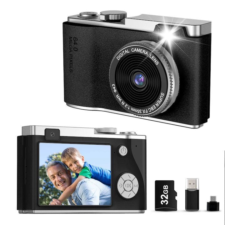 4K CCD Camera with 2.4-inch High Definition Flip Screen for Photography, Front Functions for Photography, Filtering, Gaming, MP3, suitable for teenagers, WALALLA, Light Black