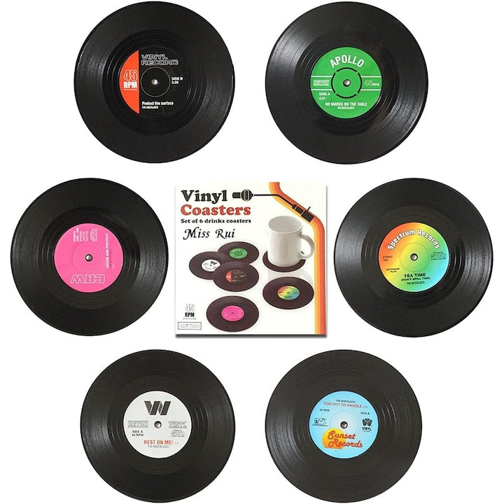Set 6 suporturi pahare  diametru 10.5 cm  discuri vinil  Retro