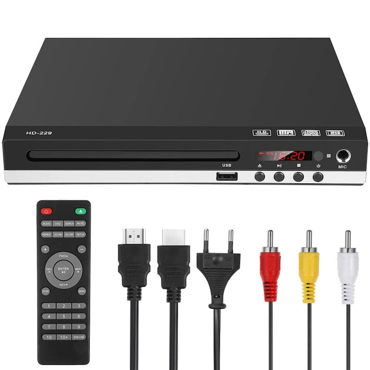 DVD player  HD 1080P  VCD/CD/DVD  HDMI/AV  22.5×19.5×4.7cm  Vine cu cabluri HDMI si RCA  Negru