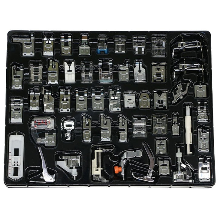 Set 52 picioruse pentru masina de cusut  Rqiurpn  Multifunctionale  Functiile reparatie rapida  Reutilizabile  Pentru masini de cusut cu coarda mica  Universale  Metal/ Plastic  Argintiu