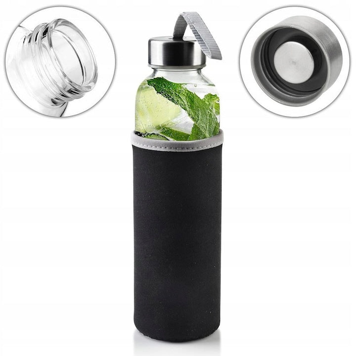 Vilde Water Bottle with Cover, 490 ml, 6.5x22 cm, Stainless Steel Lid, Silicone Gasket, Hanging Handle, High-Quality Materials, Black