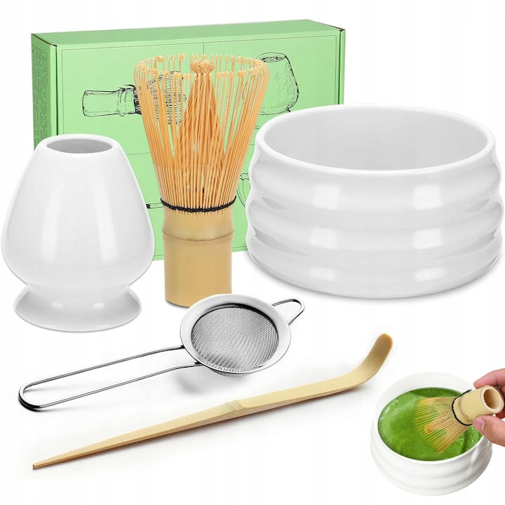 Matcha Tea Set 5 Pieces - Bamboo Whisk, Ceramic Bowl, Ceramic Whisk Holder, Spoon, Stainless Steel Sifter - Complete Matcha Tea Kit