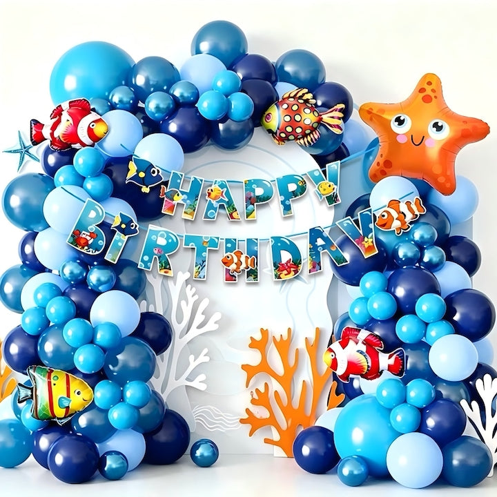 Set Arcada Baloane Petrecere Ocean 90 Piese - Stea de Mare si Prietenii Sai  Banner La Multi Ani  Baloane Folie Pesti + Baloane Latex Ocean