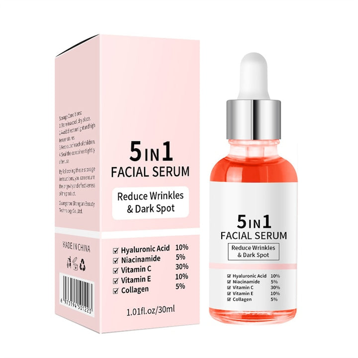 Ser anti-rid 5 in 1  contine acid hialuronic  colagen  nicotinamida  vitamina C si vitamina E  hidrateaza  tensioneaza  estompeaza petele intunecate  potrivit pentru toate tipurile de piele  30ml