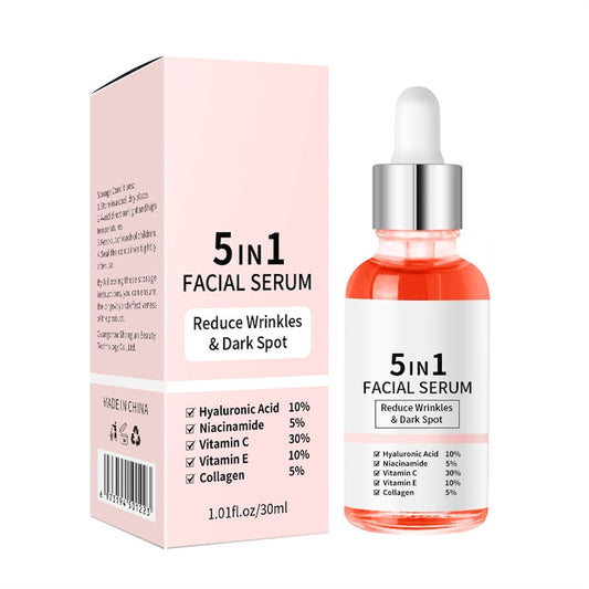Ser anti-rid 5 in 1  contine acid hialuronic  colagen  nicotinamida  vitamina C si vitamina E  hidrateaza  tensioneaza  estompeaza petele intunecate  potrivit pentru toate tipurile de piele  30ml