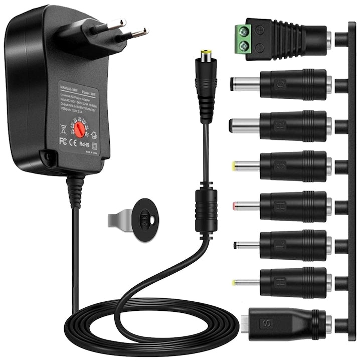 Alimentator stabilizat reglabil  SINBINTA  Cu 8 articulatie de transfer  Multi-dimensiuni  5.5x2.1 DC mufa interschimbabila  30 W  3V-12V  Plug and play  Pentru cum ar fi monitoare  Telefoane mobile  Routere  PVC/ABS  Negru