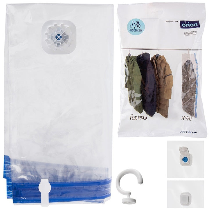 Set Sac Vacuum Cu Umeras  Orion  70x144 cm  Material Rezistent - Fabricat Din Folie Transparenta  Economie De Spatiu Prin Evacuarea Aerului  Inchidere Etansa Cu Supapa  Capacitate De Pana La 12 kg  Multicolor
