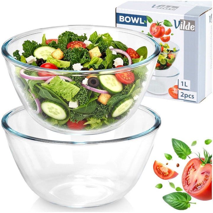 Set of 2 Salad Bowls Vilde 1 L 17x17x9 cm Glass Dishwasher Safe Classic Design High Quality Transparent