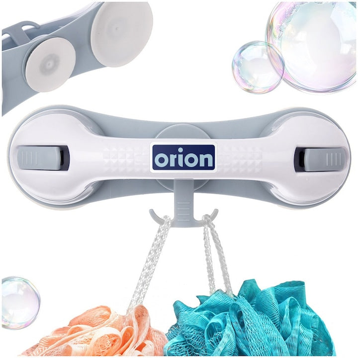 Maner De Sprijin Pentru Baie  Orion  Model Cu 3 Ventuze Si Carlig  28.5x9x8.5 cm Suporta 100 kg  Alb Si Bleu  Plastic Robust Rezistent La Umezeala  Prindere Sigura Fara Gaurire Pentru Dus Sau Cada  Siguranta Seniori  Mobilitate Redusa