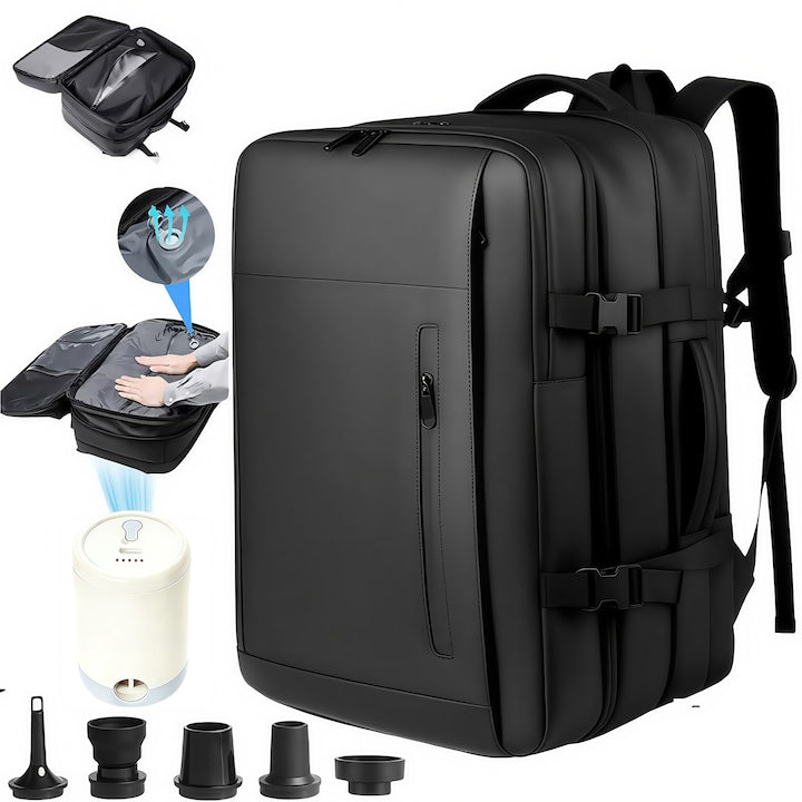 Rucsac Vidabil pentru Calatorii si Avion  Rucsac calatorie avion barbati/femei Compresie Cu compresie in vid  Impermeabil  17.7x11.8x11inch  Anti-Furt  Capacitate Extensibila pana la 60L  Pompa Vid inclusa  negru